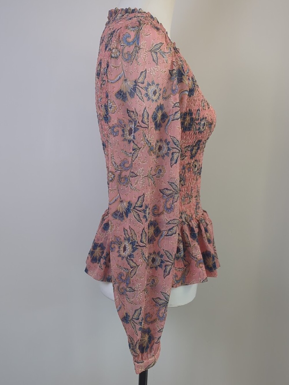 Patrons of Peace Boho Smocked Peplum Floral Blouse Pink Blue Cottagecore LARGE - Picture 7 of 13
